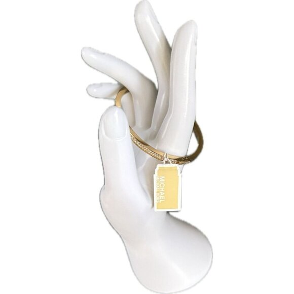 Michael Kors Logo Crystal Pave Heart Charm Gold Stainless Steel Hinge Bracelet - Picture 4 of 8